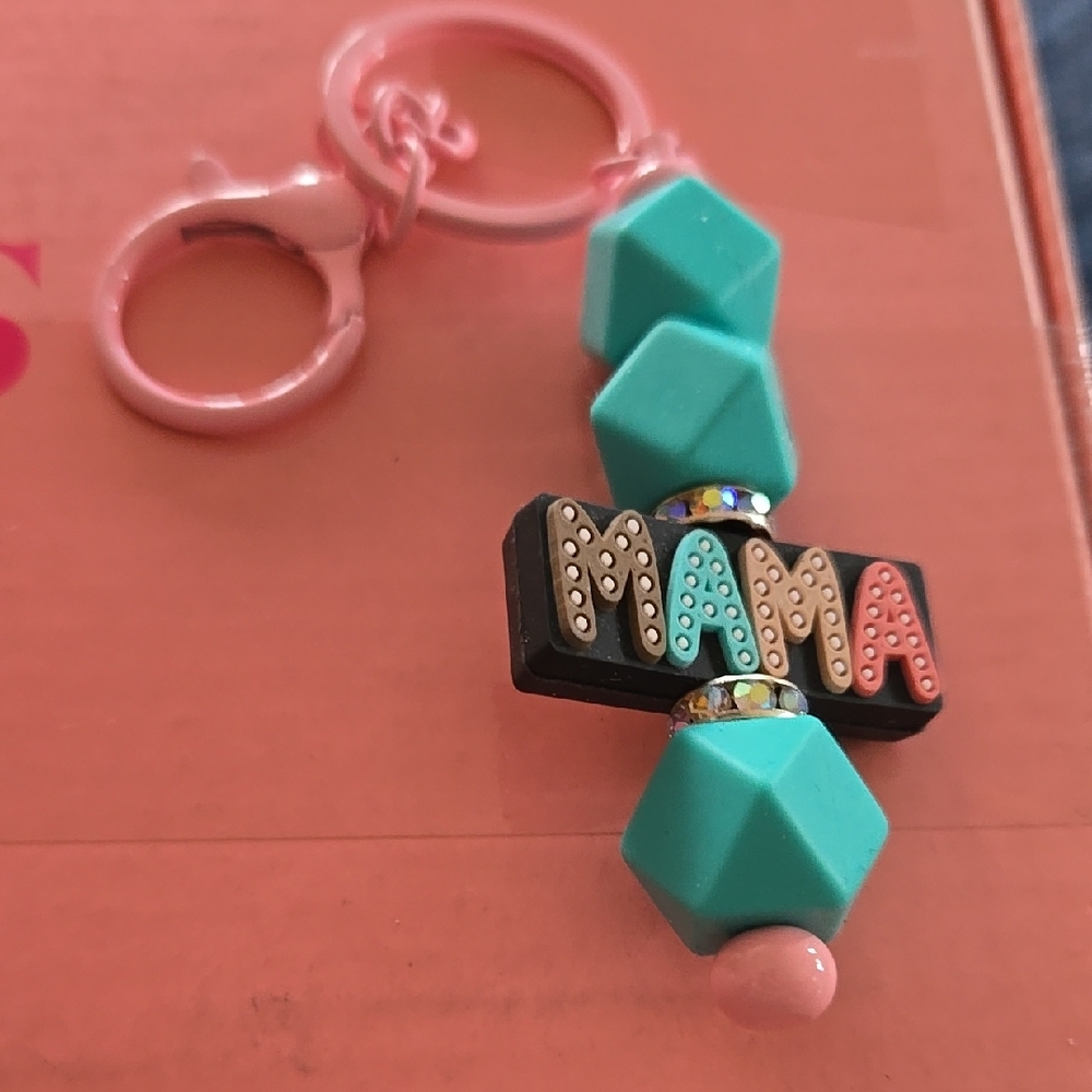 Mama Keychain with Pink and Turquoise Beads